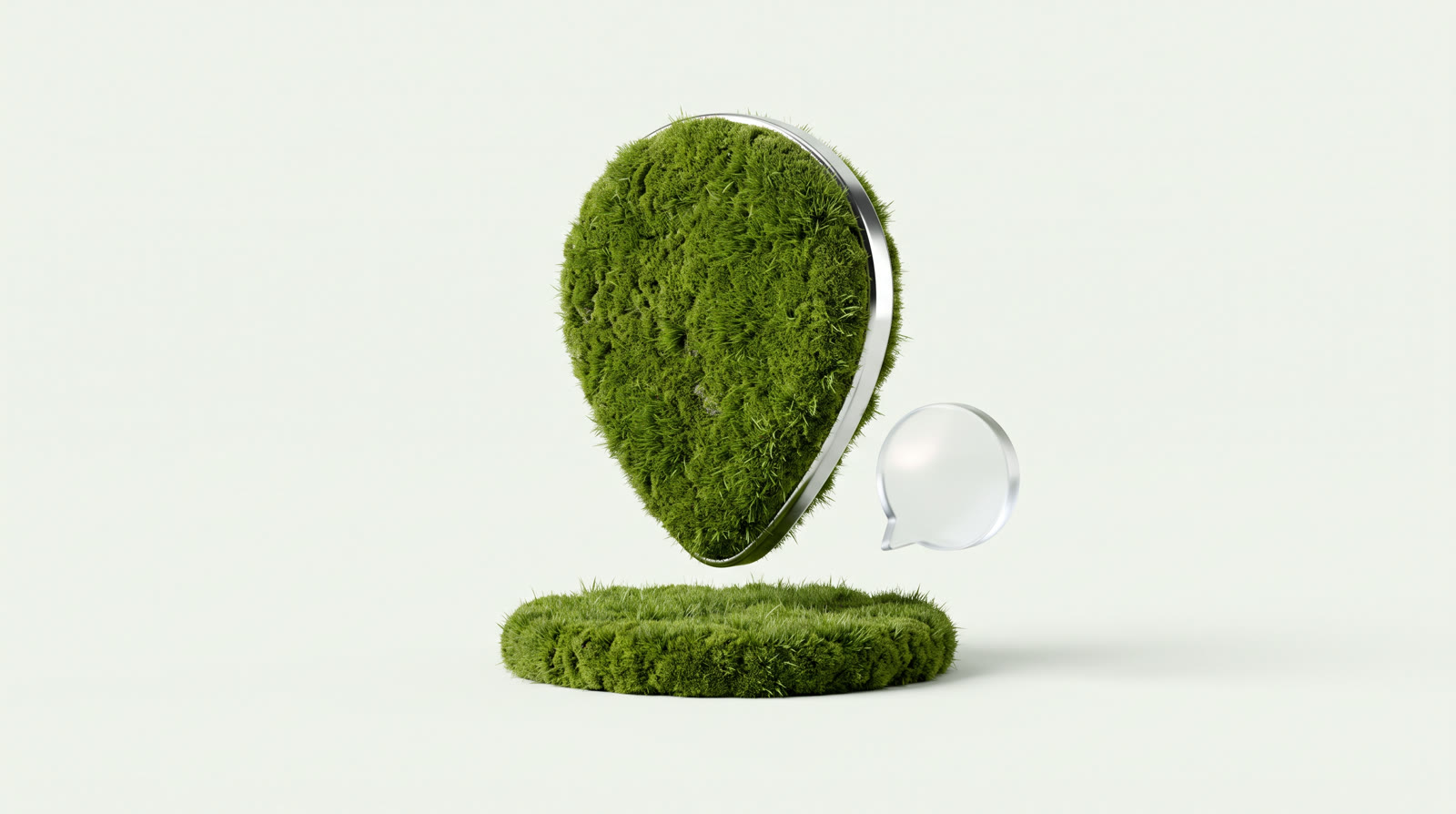 A 3D render of a map pin covered in moss beside a glass speech bubble