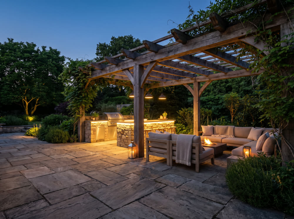 A lit pergola and outdoor kitchen on a stone terrace at dusk
